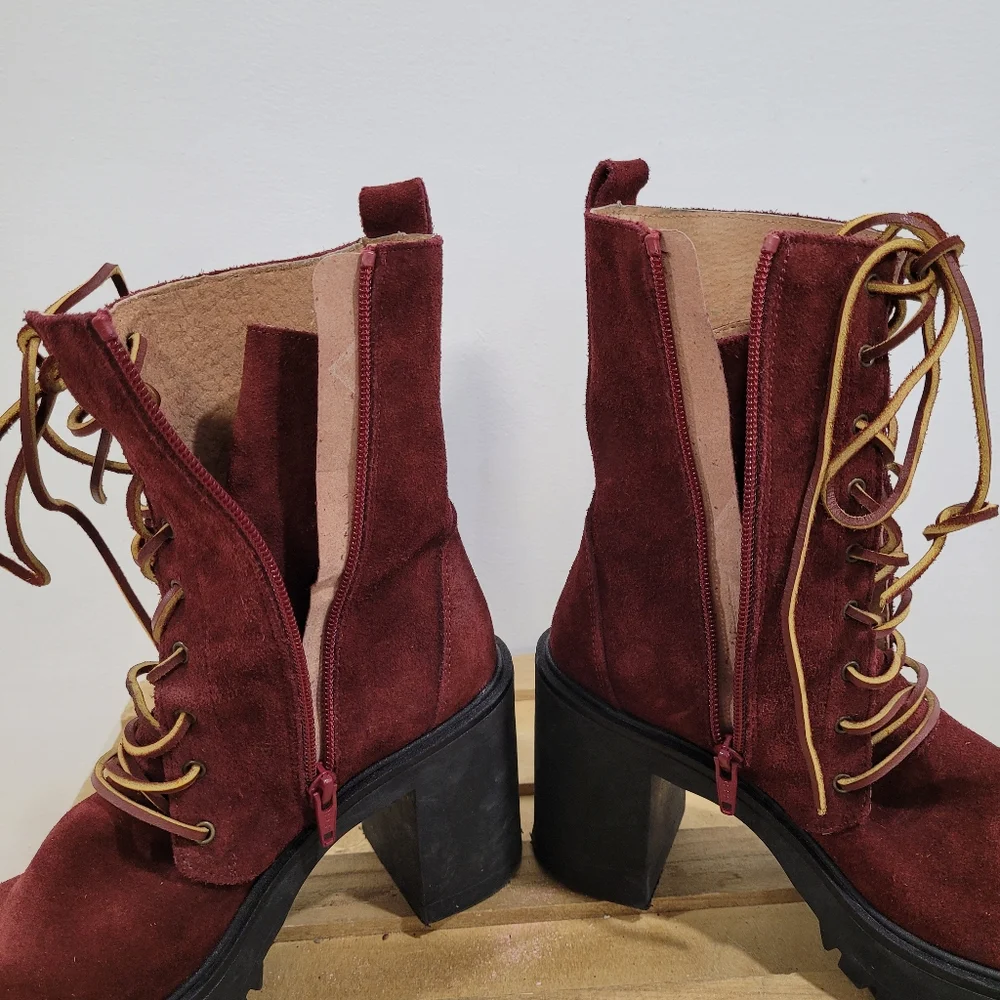 Free People Dylan Burgundy Suede Leather Lace-Up Combat Boots